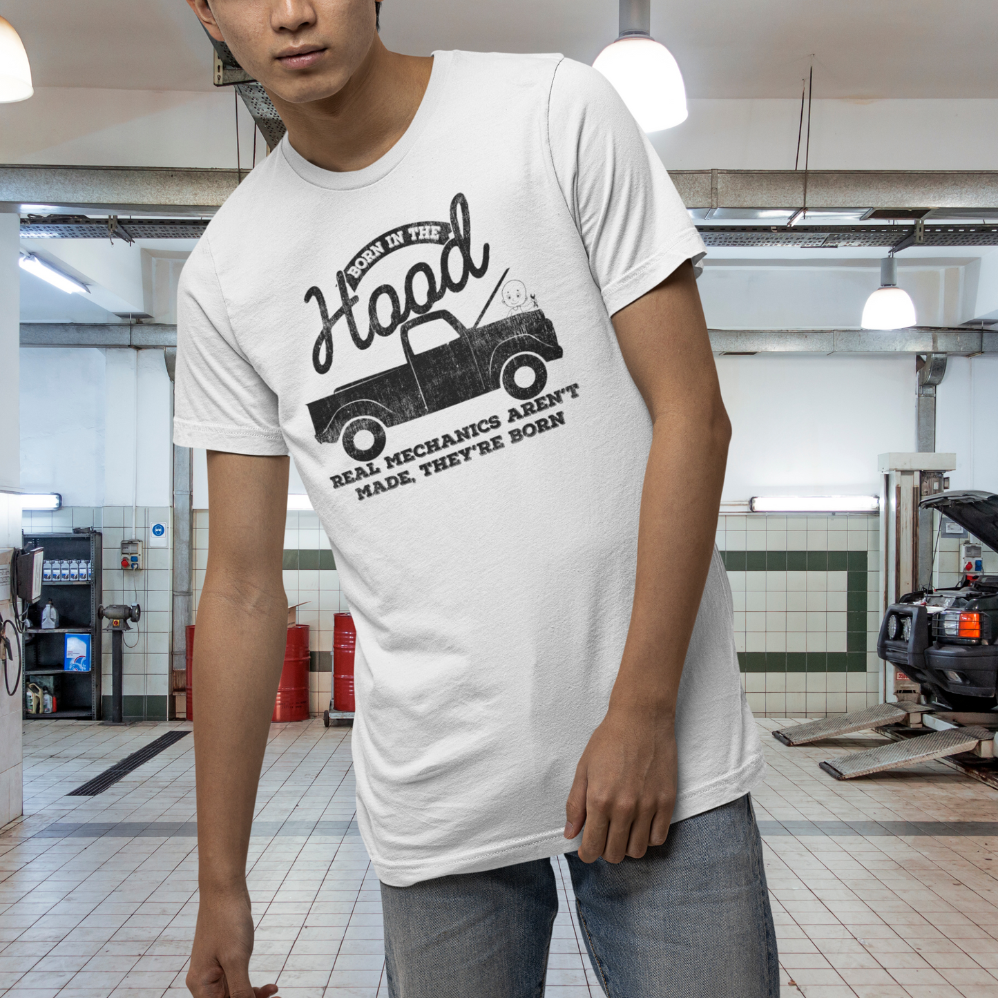 Born in the Hood Mechanics Tee, Unisex Graphic Shirt, Auto Enthusiast Gift, Father's Day Present, Vintage Truck Design